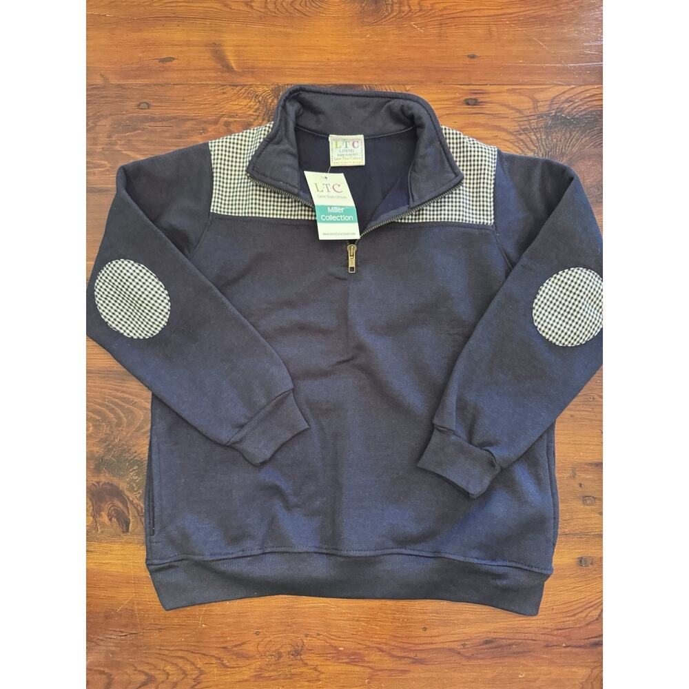 Love That Cotton Navy Blue Pull Over Gingham Details Quarter Zip Girls 10-12 NWT